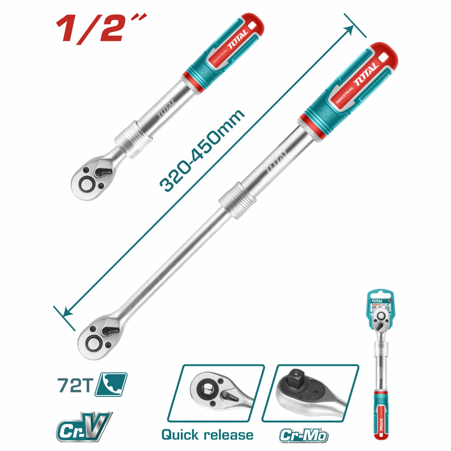 Ratchet Telescópico (1/2")Pulido. CrV. 72 dientes. Longitud 320-450 mm