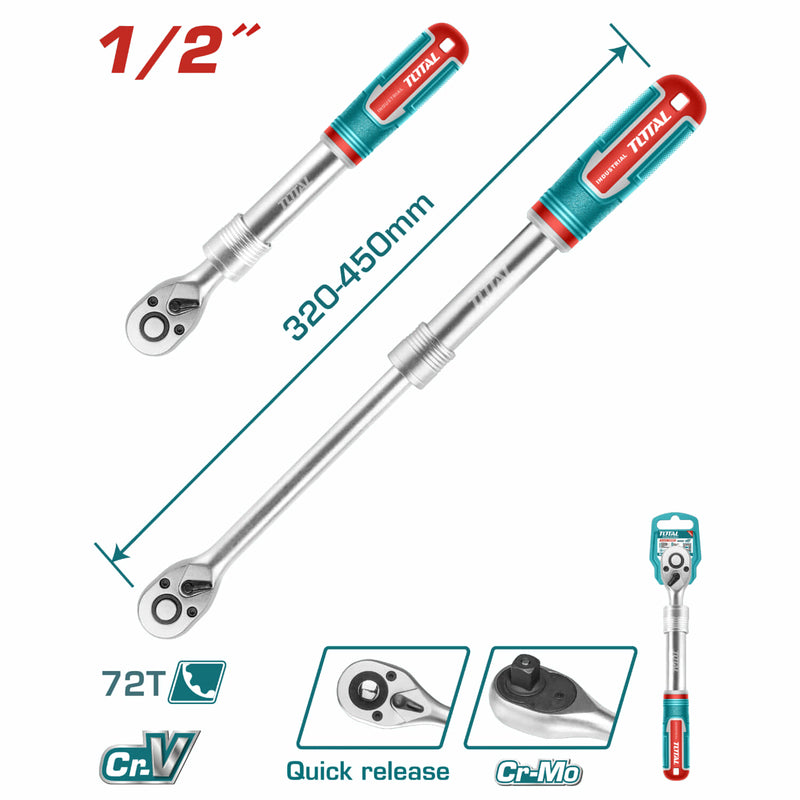 Ratchet Telescópico (1/2")Pulido. CrV. 72 dientes. Longitud 320-450 mm