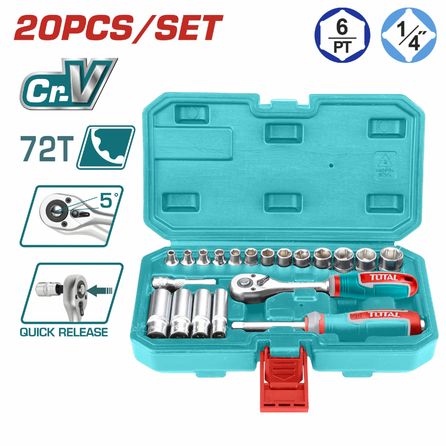 Dados Socket de 1/4" con ratchet Cr.V 4-14mm Set de 20 piezas. Tratamiento térmico.