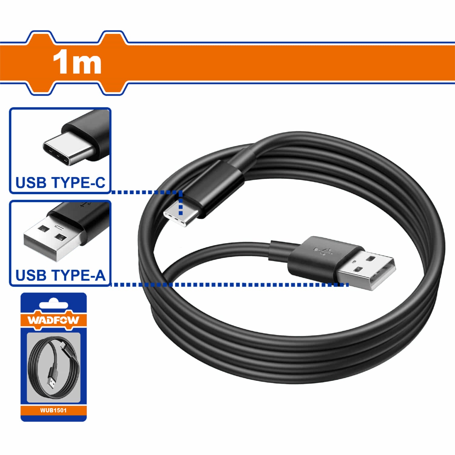Cable USB tipo A a tipo C Longitud. 1m. Ideal para transferir datos o cargar dispositivos.