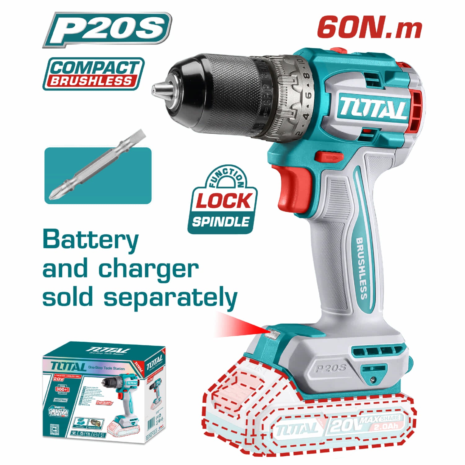 Drill taladro Inalámbrico 1/2" 20V  60Nm.  22+1  Motor sin escobillas. Batería y cargador por separado. Super Total