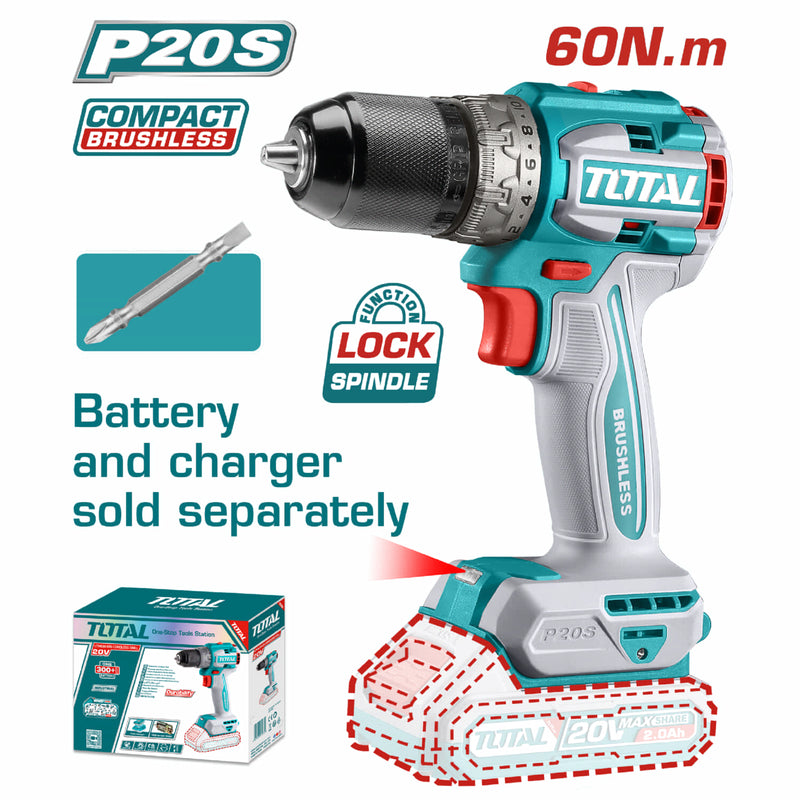 Drill taladro Inalámbrico 1/2" 20V  60Nm.  22+1  Motor sin escobillas. Batería y cargador por separado. Super Total