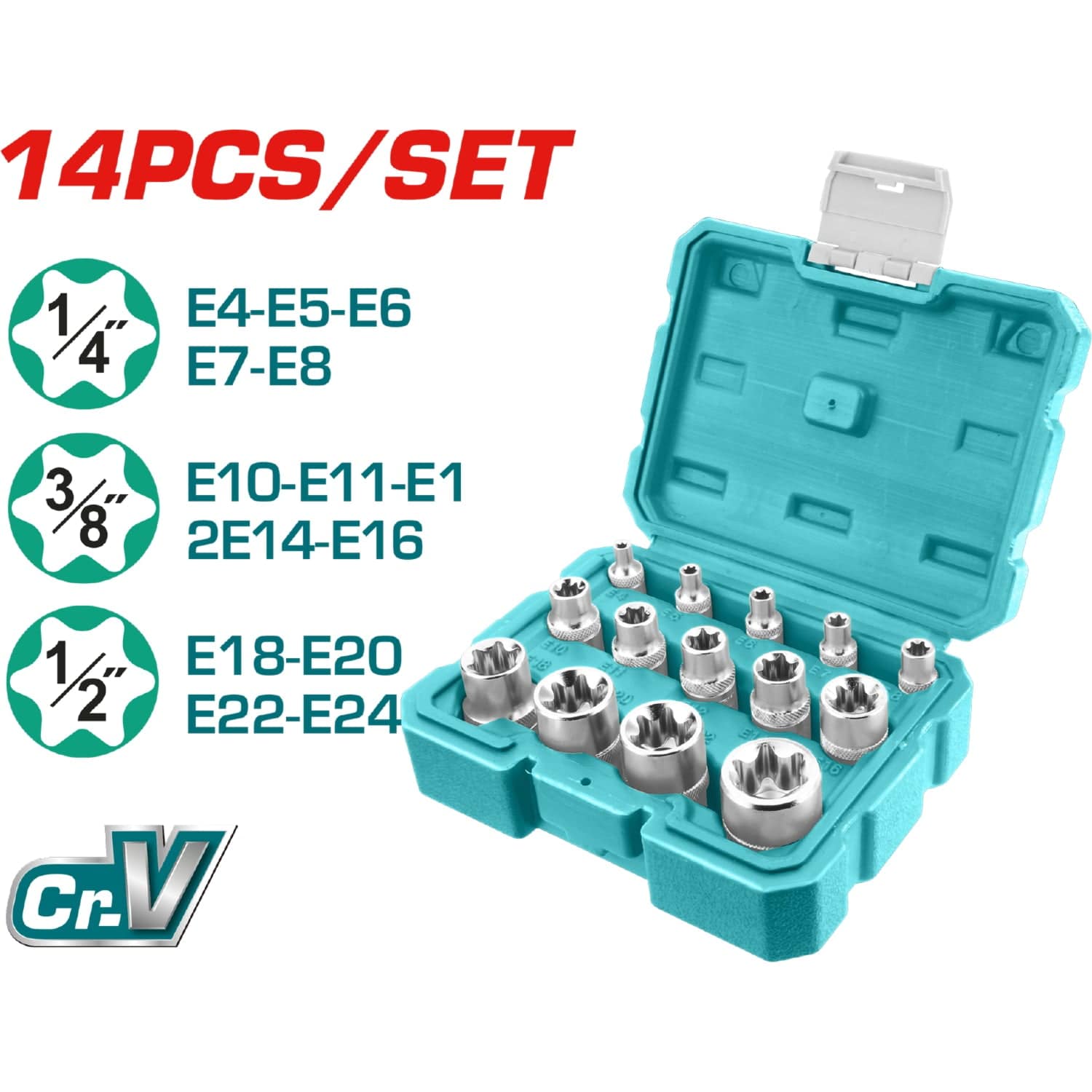 Juego De Dados Socket Tipo E De 14 Piezas.Cr-V. (50 BV 0). Cromado De Tratamiento Termico.