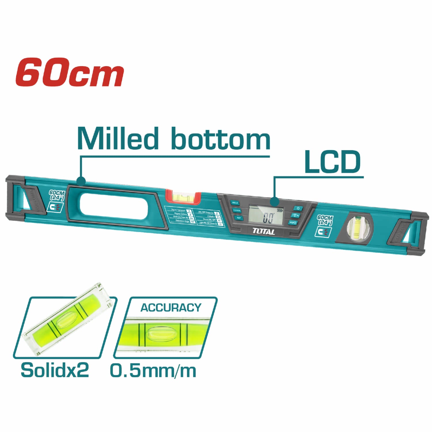 Nivel de burbuja digital, Aluminio 1.5mm de espesor, Longitud: 60 cm.