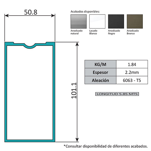 Vertical Muro Cortina Perfil Oculto. Espesor 2.2 mm. Largo 5.85 mts. Acabado Anodizado Silver 15 Mic