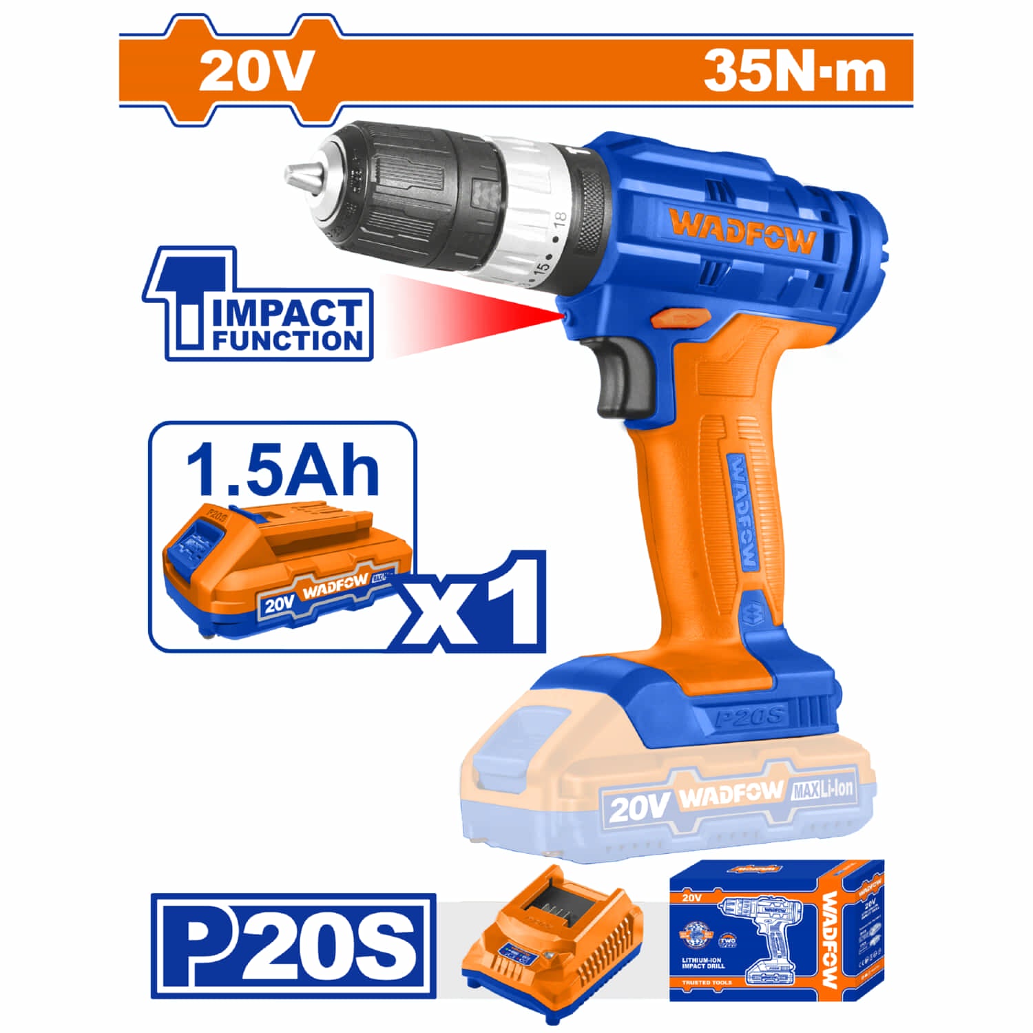 Taladro drill Inalámbrico Función Impacto 20V. 1/32-3/8". 0-400/0-1500rpm. 35NM. Con batería y cargador.