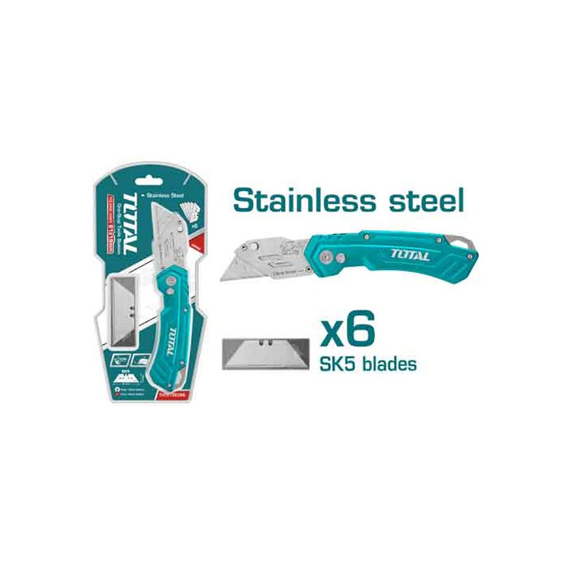 Exacto plegable con Mango de aluminio. Con cuchillas de 61 x 19 mm. Con 6 cuchillas de repuesto SK5.