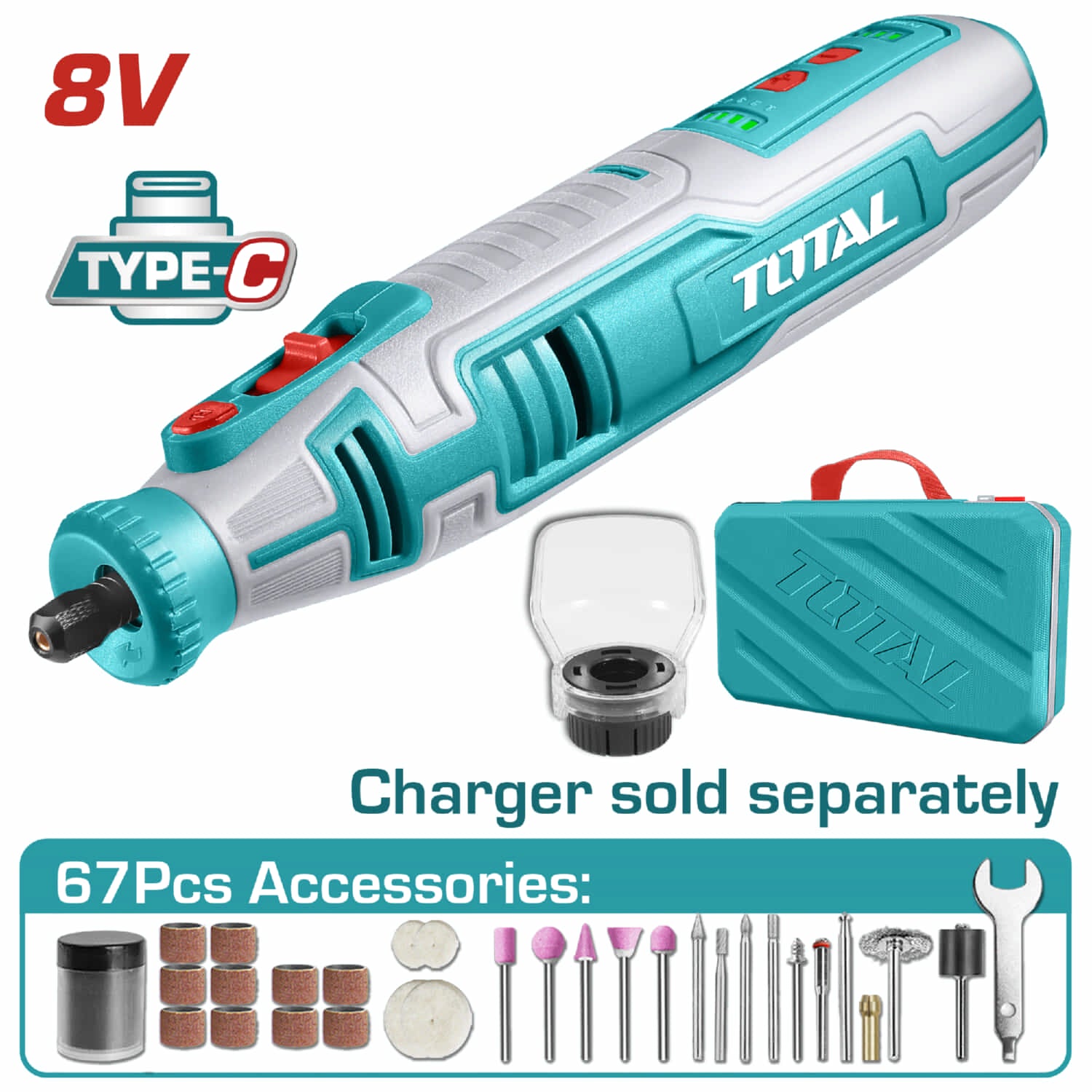 Moto Tool Inalambrico 8V 5000-25000rpm Incluye 67  Accesorios. Carga USB Motortool