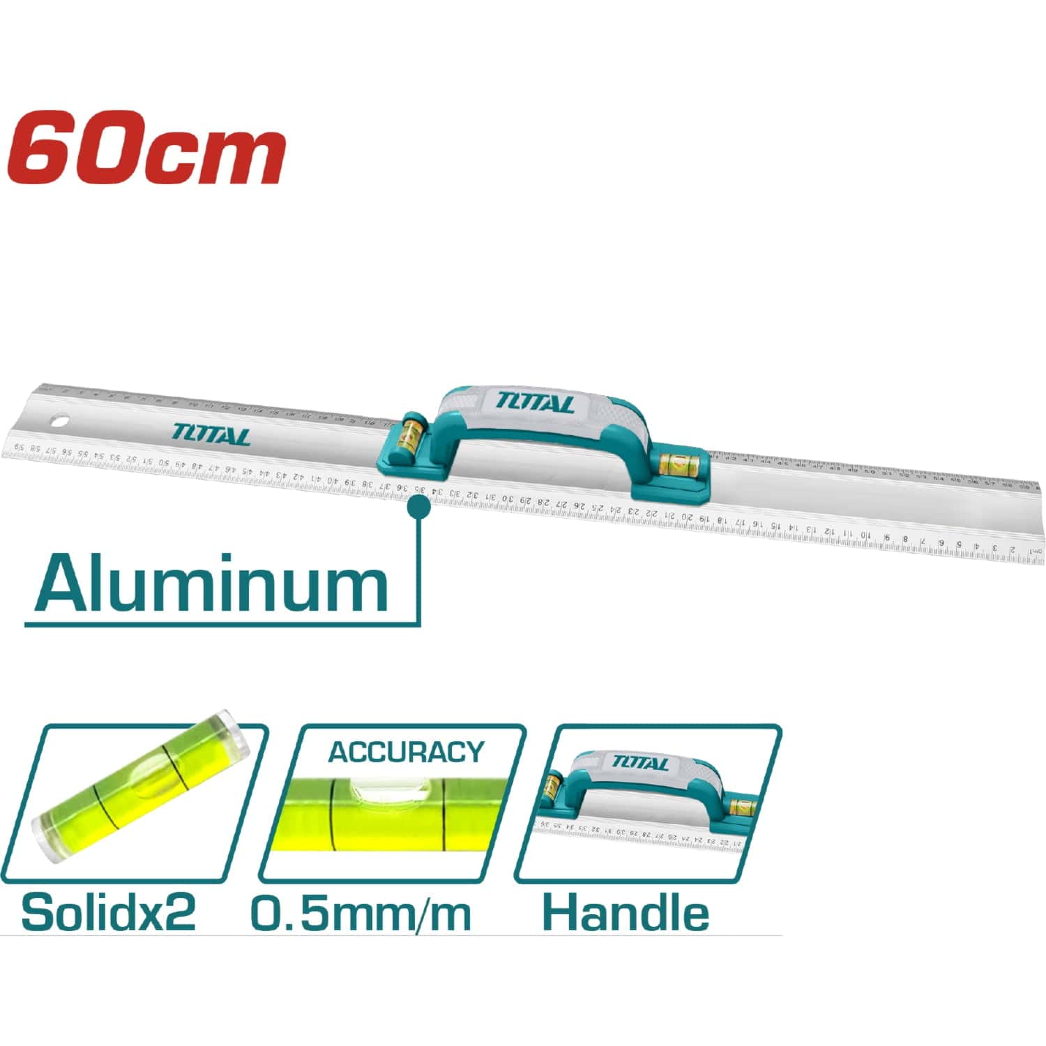 Regla De Aluminio 60 Cm Para Albañil Con Mango Y Nivel De Burbuja