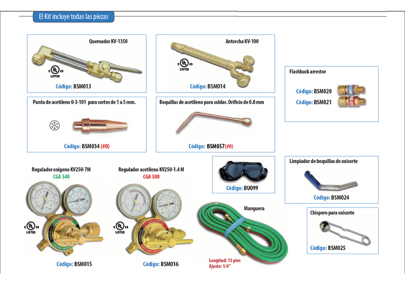 Kit Oxicorte Victor Style Medium Duty con regulador de acetileno CGA300 y los flash back arrestors