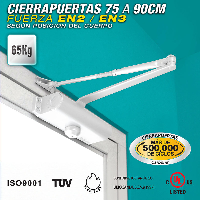 Cierrapuertas para 75 a 90 cm (65kg).Fuerza  EN2 o EN3  según posicion del cuerpo. Color blanco