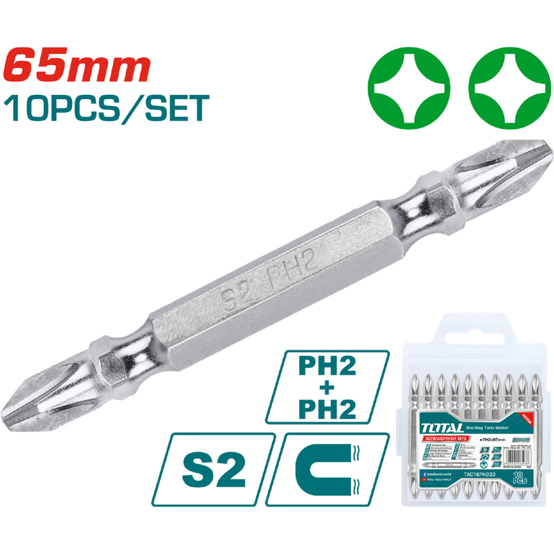 Juego puntas Destornilladores tipo estrella broca PH2 65 mm. 6 pzas. De doble extremo.