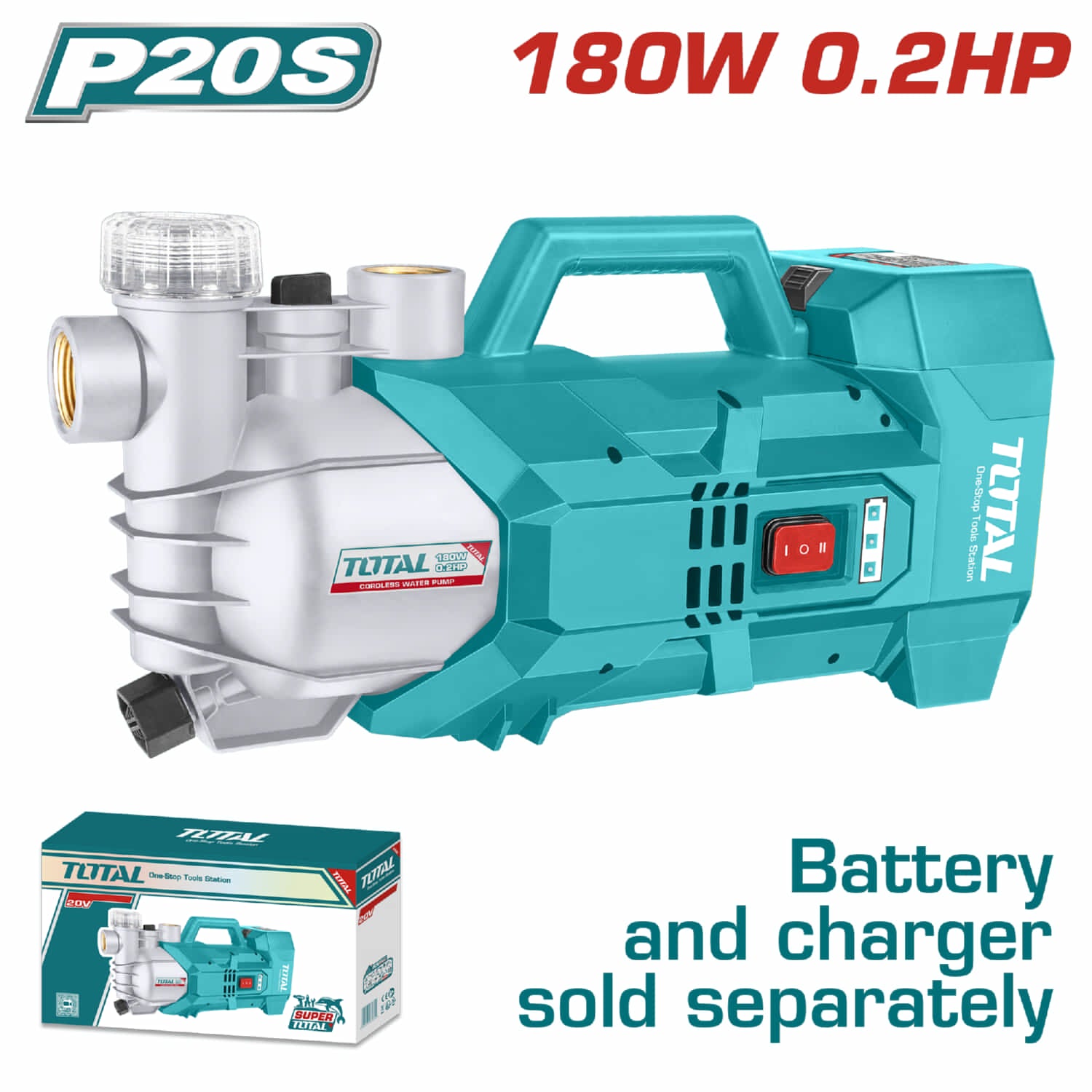 Bomba de agua Inalámbrica 20V. 180W. Capacidad: 47 L/min. No incluye batería ni cargador.