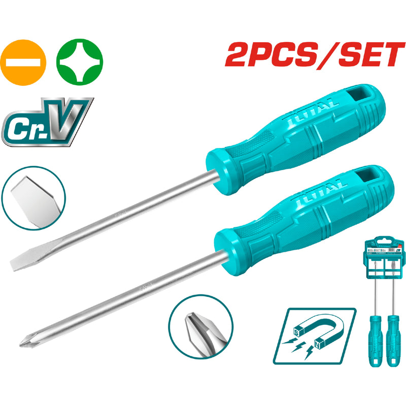 Juego de 2 Destornilladores. Mango Ergonomico. Material: 40 Cr. Punta redonda.