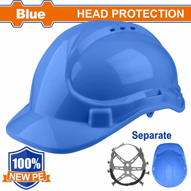 Casco de seguridad color azul. 6 puntos de suspension. Ajustable. Carcasa de PE. Incluye correa.