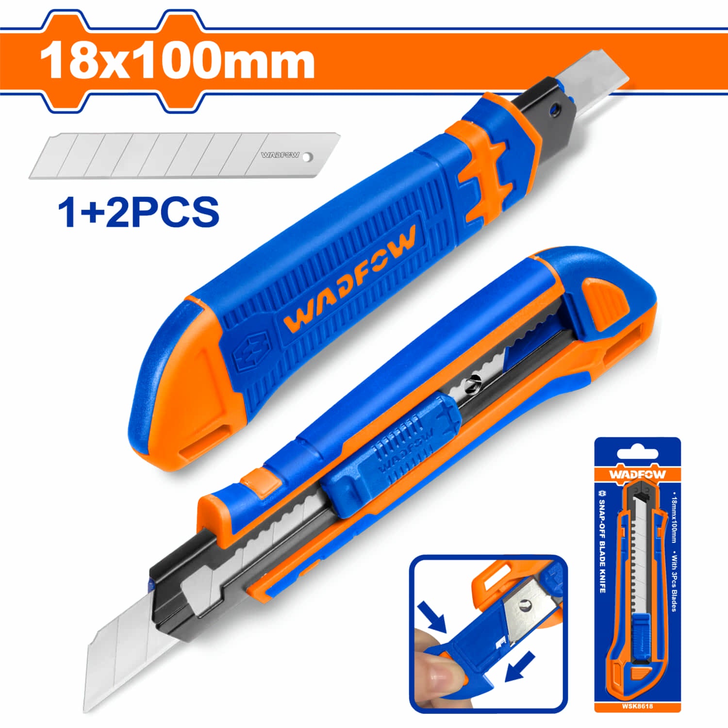 Exacto de Plástico 18x100mm. Con 3 cuchillas SK5. Pulsador Plano.