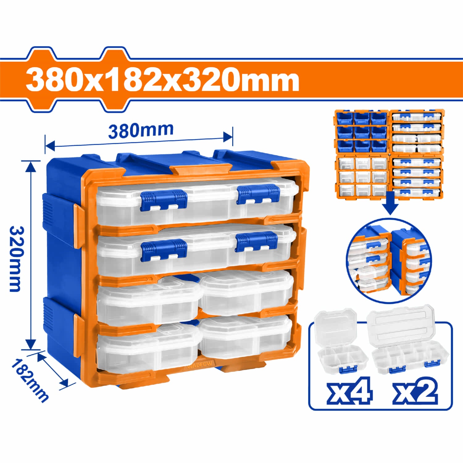 Organizador modular tipo torre. 380x182x320mm. Set de 6 piezas. Se une vertical u horizontal.