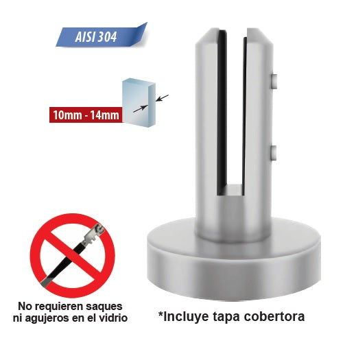 Soporte para barandas de vidrio brillante  (sin perforacion en el vidrio). Acabado Brillante