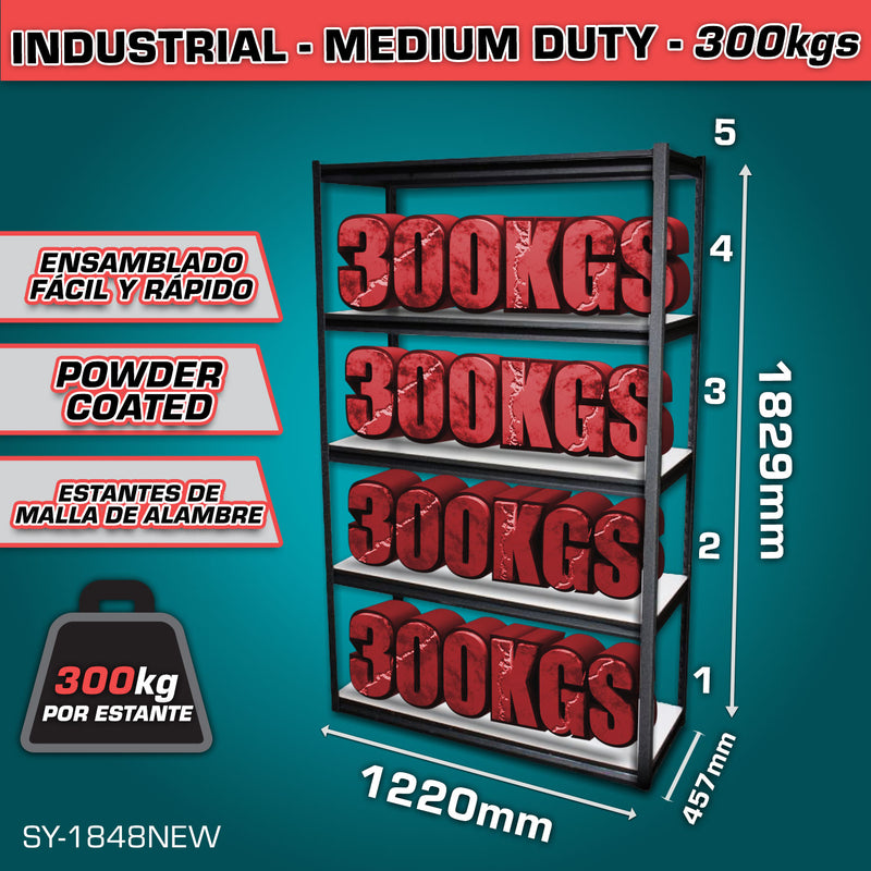 Estante de almacenamiento ajustable 5 niveles.457x1220x1829mm. Carga:300Kg.Estanteria Arma rápido Rack