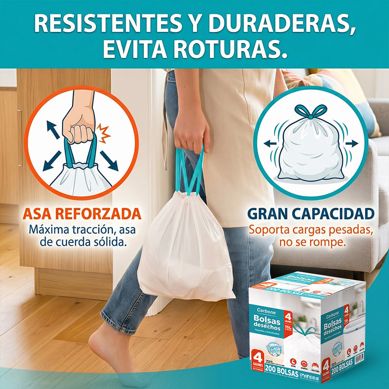 Bolsas de Basura Pequeñas Aromatizadas 4 Galones (15L) con Cordón Ajustable. Cartuchos Resistentes para Desechos (200 unds). Color Blanco (43x46cm)