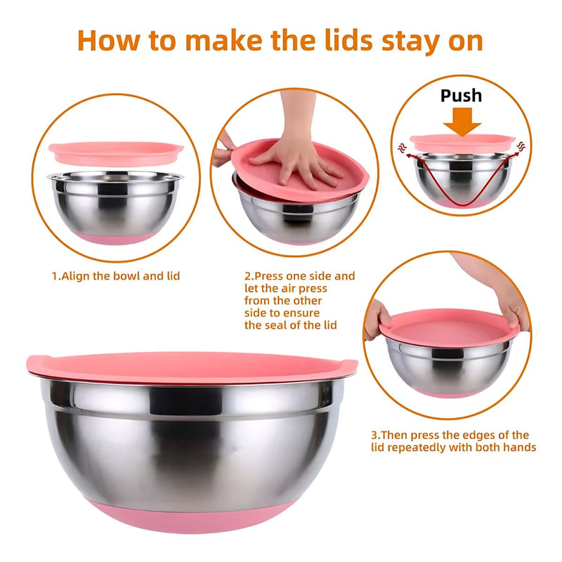 Tazones bowl De Acero Inoxidable Con Tapa. Multifuncionales  Colores surtidos. (Set de 7 piezas) Bowl de cocina. Base antideslizante