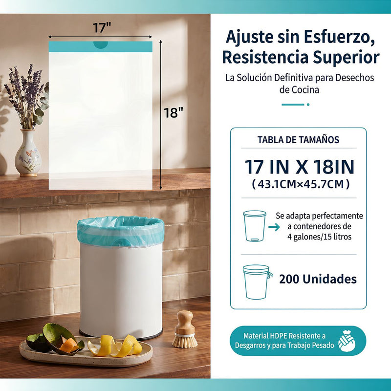 Bolsas de Basura Pequeñas Aromatizadas 4 Galones (15L) con Cordón Ajustable. Cartuchos Resistentes para Desechos (200 unds). Color Blanco (43x46cm)