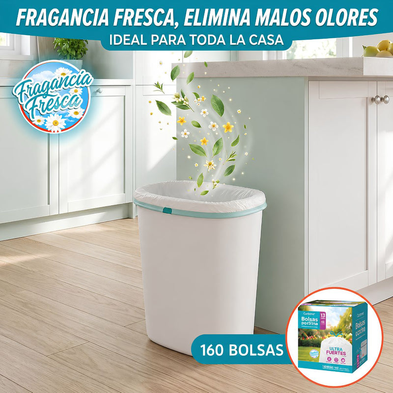 Bolsas de Basura para Cocina Aromatizadas 13 Galones (49L) con Cordón Ajustable (160 Unds). Cartuchos para Desechos Flexibles (62x68 cm) Color Blanco