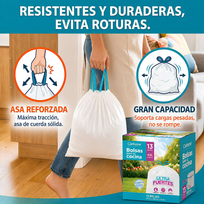 Bolsas de Basura para Cocina Aromatizadas 13 Galones (49L) con Cordón Ajustable (160 Unds). Cartuchos para Desechos Flexibles (62x68 cm) Color Blanco