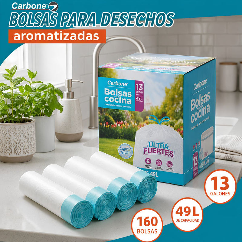 Bolsas de Basura para Cocina Aromatizadas 13 Galones (49L) con Cordón Ajustable (160 Unds). Cartuchos para Desechos Flexibles (62x68 cm) Color Blanco