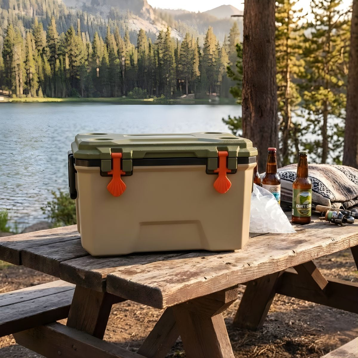 Cooler Portátil 36L (57x37x34cm) con Drenaje Inferior. Hielera de Alta Capacidad con Tapa Sellada, Porta Vasos y Asa de Transporte.