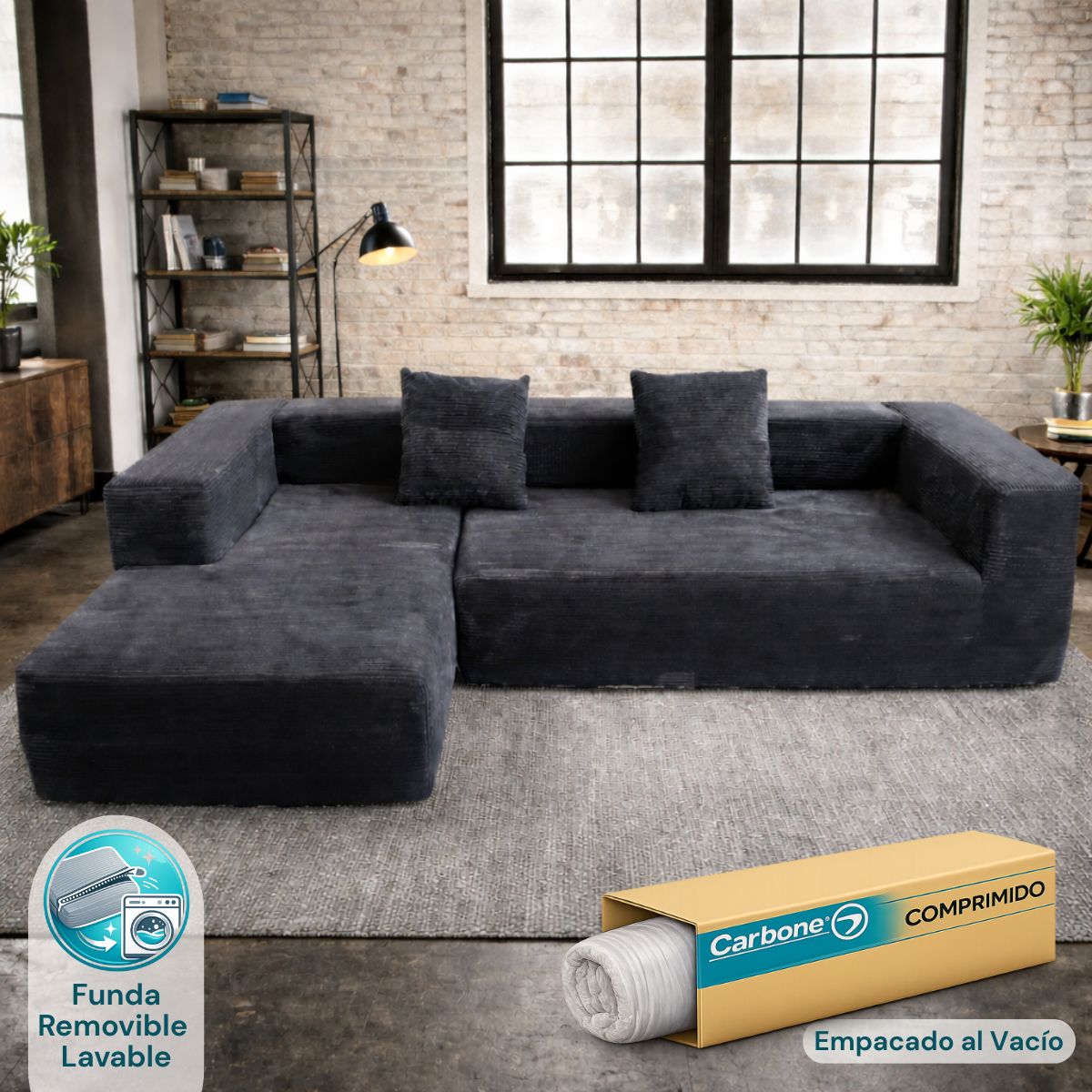 Sofá Seccional en L empacado al vacio Memory Foam de alta densidad 280X100X60cm Color Dark black 25