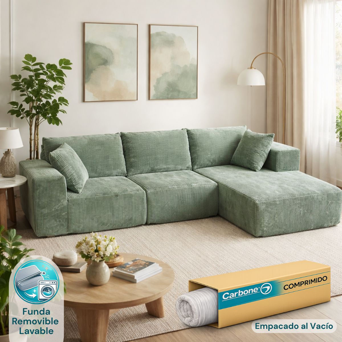 Sofá Seccional en L empacado al vacio Memory Foam de alta densidad 274X100X60cm Color Dark olive green 09