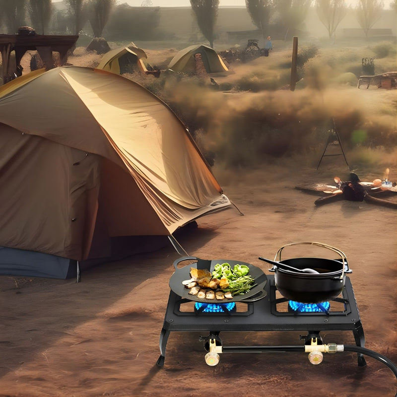 Estufa A Gas De 2 Quemadores De Hierro Fundido. Cocina Reforzada Para Uso Exterior con regulador americano. Calor Uniforme.