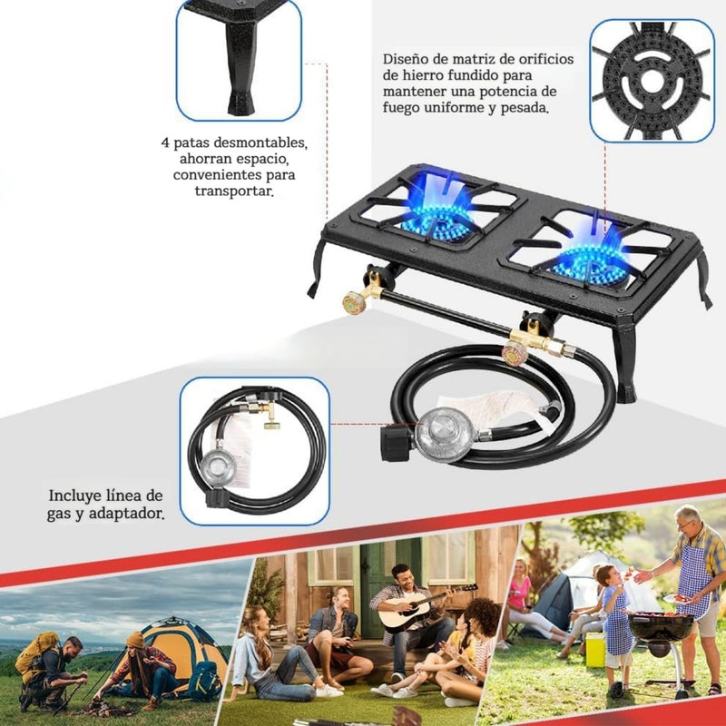 Estufa A Gas De 2 Quemadores De Hierro Fundido. Cocina Reforzada Para Uso Exterior con regulador americano. Calor Uniforme.
