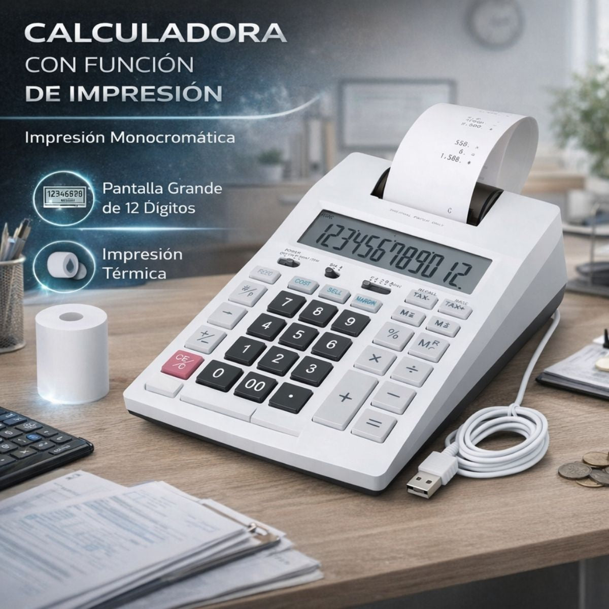 Calculadora con Impresora Térmica Integrada, Pantalla LCD de 12 Dígitos, Función de Impuestos y Memoria. Mini sumadora. Color gris.