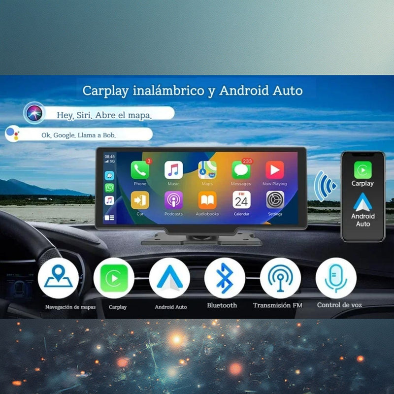 Pantalla Multimedia para Auto 10.26” IPS con Apple CarPlay y Android Auto Inalámbrico, Bluetooth, MirrorLink y Control por Voz.