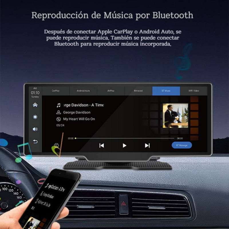 Pantalla Multimedia para Auto 10.26” IPS con Apple CarPlay y Android Auto Inalámbrico, Bluetooth, MirrorLink y Control por Voz.