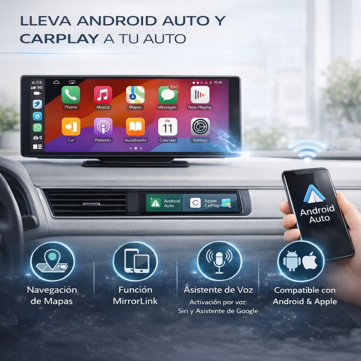 Pantalla Multimedia para Auto 10.26” IPS con Apple CarPlay y Android Auto Inalámbrico, Bluetooth, MirrorLink y Control por Voz.