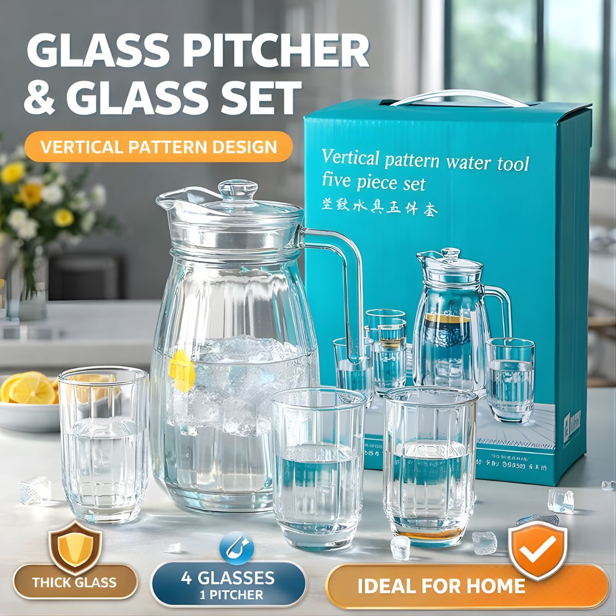 Jarra de Vidrio con 4 Vasos. Diseño Vertical Elegante. Capacidad de 1.5 L. Set de 5 unidades.