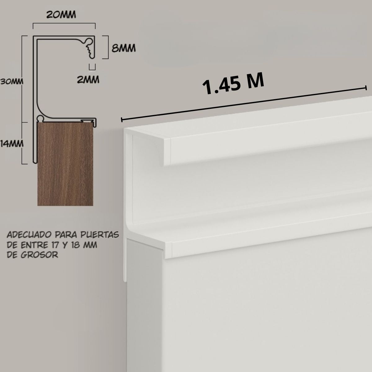 Tirador Jaladera Tipo G Perfil aluminio Para Modulares de Cocinas y Closet. Color Blanco. Instalación con Tornillo Oculto. Haladera. 1.45 M.