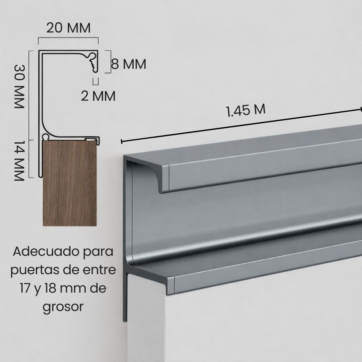 Tirador Jaladera Perfil aluminio Para Modulares de Cocinas y Closet. Color Gris. Instalación con Tornillo Oculto. Haladera. 1.45 M.
