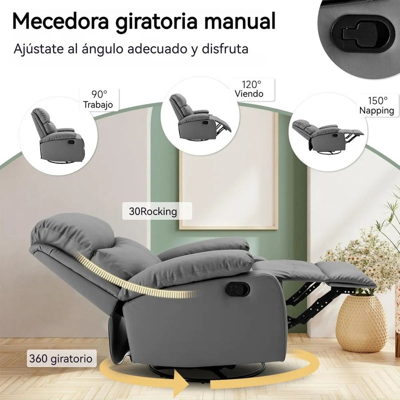 Sillón de lactancia silla mecedora Reclinable Manual 110°-170° con Reposapiés Extensible. Poltrona Giratoria con Espuma de Alta Densidad y Tela Antiarañazos. Color Gris