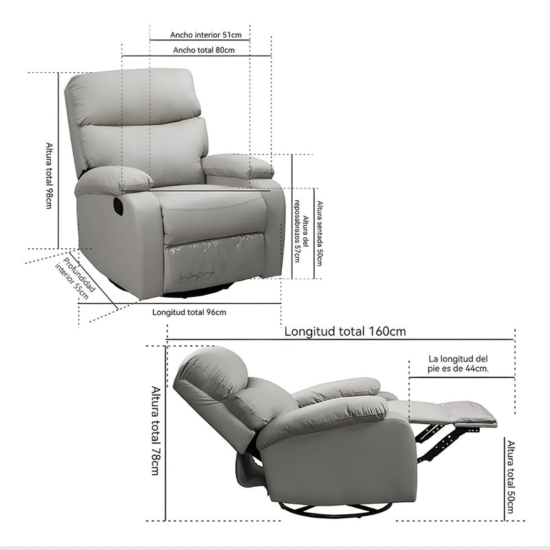Sillón de lactancia silla mecedora Reclinable Manual 110°-170° con Reposapiés Extensible. Poltrona Giratoria con Espuma de Alta Densidad y Tela Antiarañazos. Color Gris