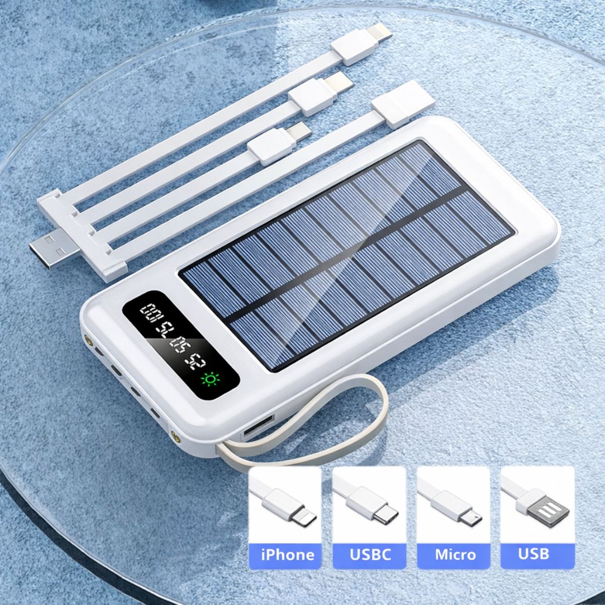 Power Bank 50000 mAh Batería Externa Con Cable Integrado. Compatible con Tipo-C, Micro USB, Lightning. Cargador portátil para Celulares con Panel Solar. Color Blanco