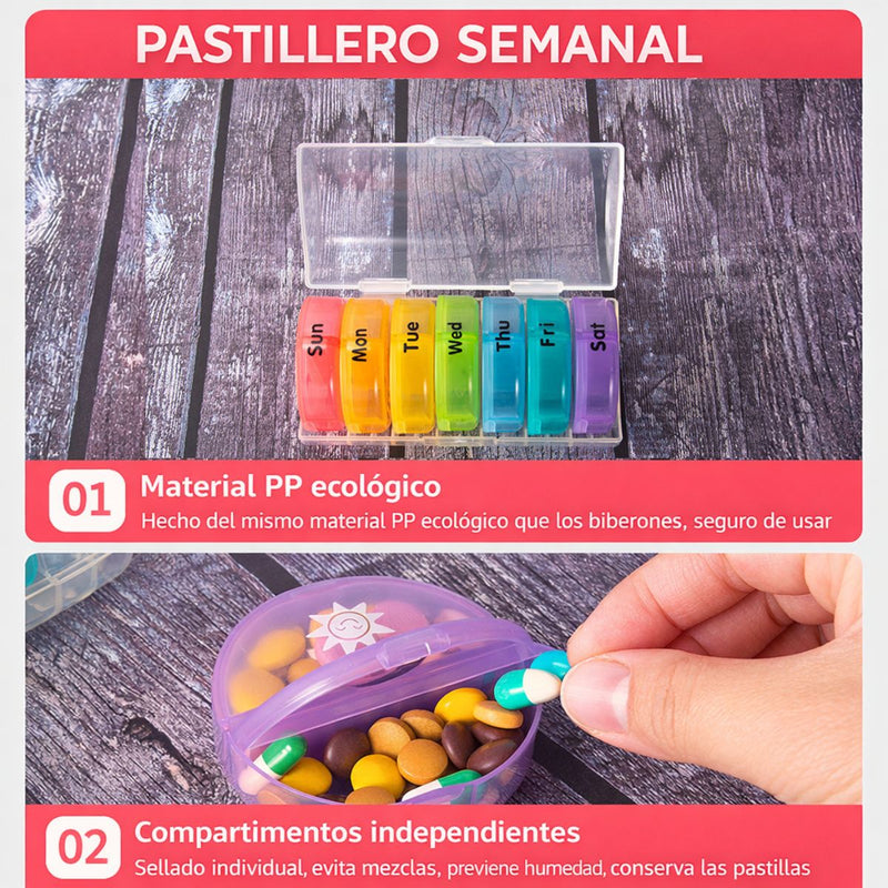Organizador de Pastillas Pastillero semanal con 7 compartimentos desmontables redondos. Estuche Para Píldoras Con División Día y Noche Multicolor. (14.4x6.5cm)