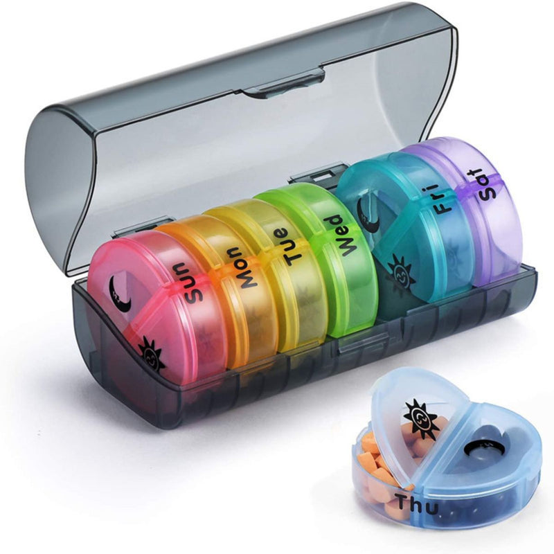 Organizador de Pastillas Pastillero semanal con 7 compartimentos desmontables redondos. Estuche Para Píldoras Con División Día y Noche Multicolor. (14.4x6.5cm)
