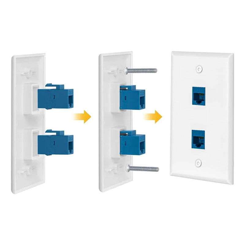 Tapa Plástica Ethernet para Cable de red 120 con Doble Puerto CAT6. Placa Para Pared con Conexión Gigabit Color Blanco(114x70mm).