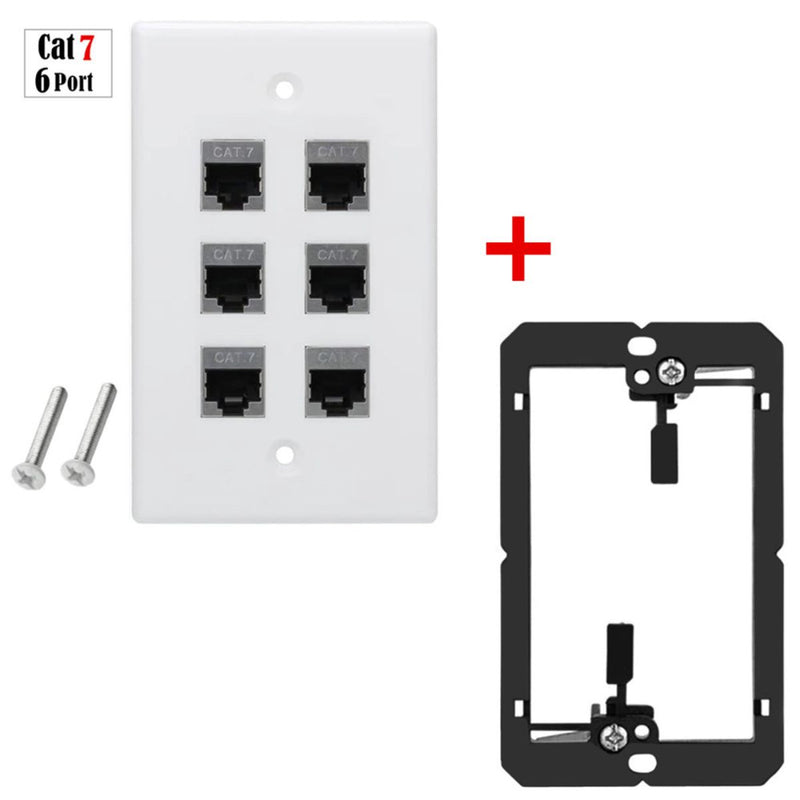 Placa Ethernet RJ45 Cat7 de 6 Entradas para Pared  y soporte negro.Incluye tornillos. Placa Frontal Color Blanco (11.5x7cm)