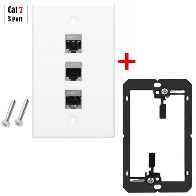 Placa Ethernet RJ45 Cat7 con 3 puertos y soporte negro.Incluye tornillos. Placa Frontal Color Blanco (11.5x7cm)