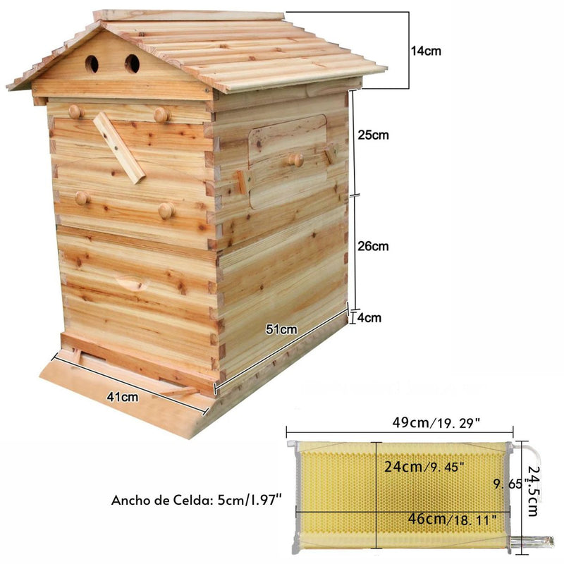 Colmena en Caja de Madera Natural con 7 Marcos Plásticos. Panal con Espesor 18mm con Flujo de Miel Automático. Caja Apicultura Hasta 25 Kg de Miel.